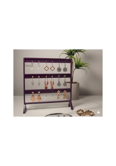 Şık Modern Küpe Standı, Mor Takı Düzenleyici, Takı Standı , Küpe Askısı , 3 Bölmeli Organizer