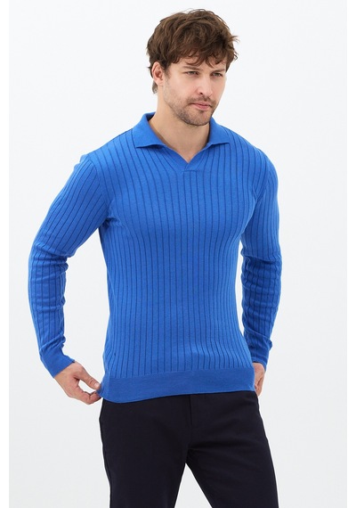 Saks Erkek Polo Yaka Fitilli Triko Kazak Saks