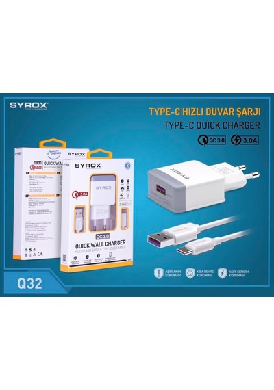 Syrox Q32 Type-C Girişli 3.0 Amper Hızlı Şarj Aleti+Kablo Seti (418308832)