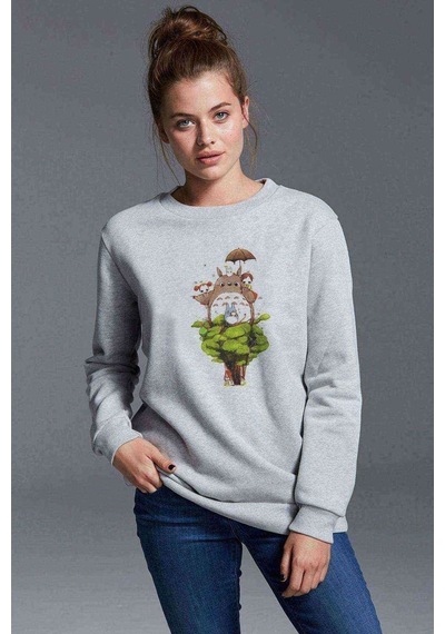 My Neighbor Komşum Totoro Baskılı Gri Kadın Sweatshirt (528310871)