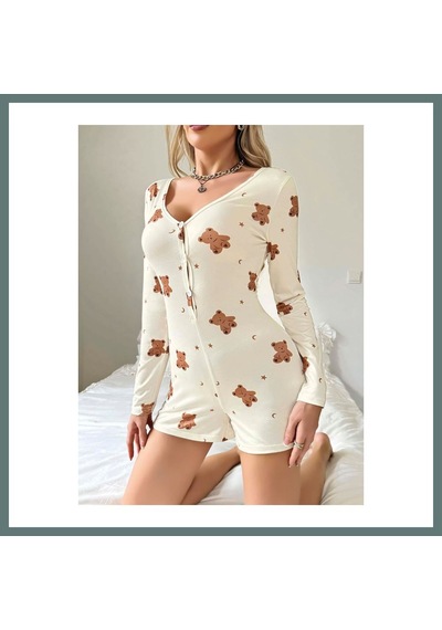 Bezos Kadın Bej Ayıcık Desenli Pijama Tulumu 5123 Beden: L/xl Renk: Sarı Ventra