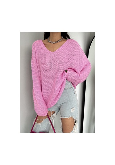 Fiolin Kadın Pembe V Yaka Selanik Örgü Oversize Triko Kazak