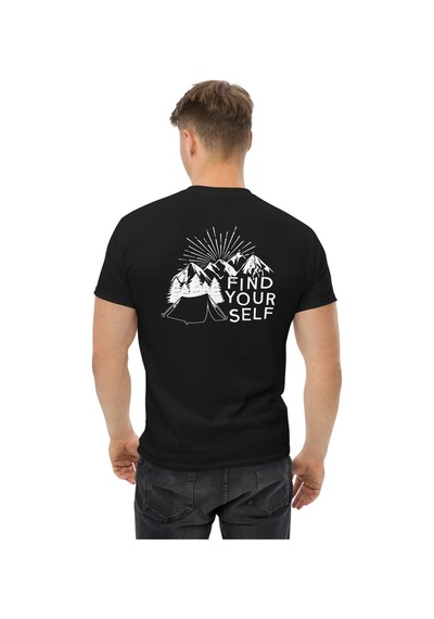 Wildstyle Find Yourself Kendini Keşfet Dağ Kamp Doğa Baskılı Unisex Pamuklu Tişört Siyah