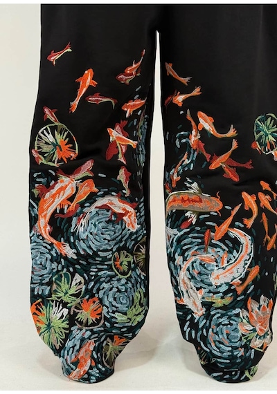 Zaee Koi Fish Nakışlı Ayarlanabilir Paça Baggy Eşofman Altı Siyah
