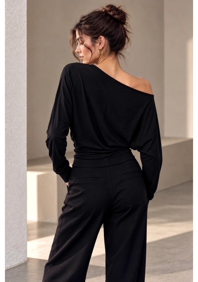 Bb Butik Basic Kadın Modal Düşük Omuz Dökümlü Uzun Kollu Bluz My3535 siyah