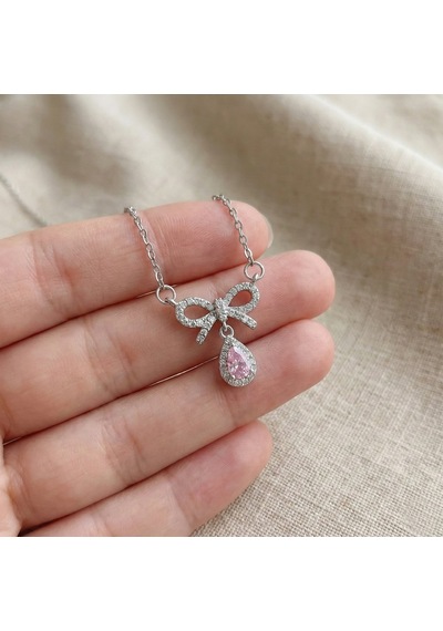 Pembe Damla Taşlı Çelik Kurdele Kolye Gümüş