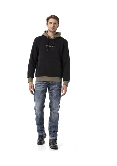 Cipo & Baxx Erkek Kapüşonlu Kanguru Cepli Baskılı Sweatshirt Cl582 Siyah
