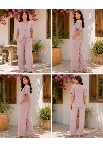 Alyn Wear Kadın Kısa Kollu Asimetrik Kesim Detaylı Düğmeli Bürümcük Bluz Ve Pantolon Ikili Takım Pembe