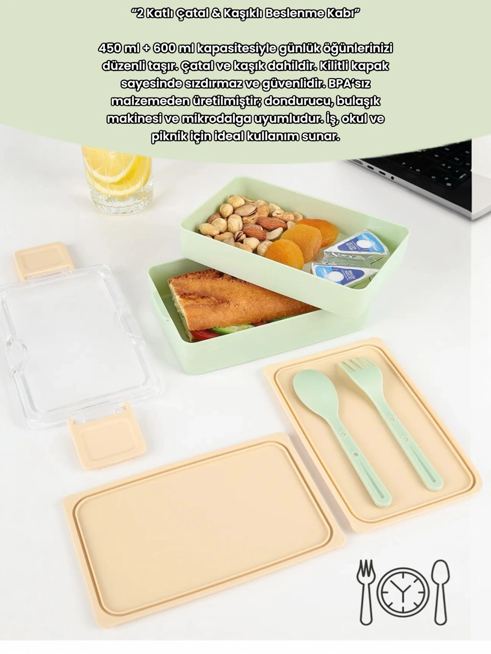Dikdörtgen İki Katlı Lunch Box Açık Yeşil Renk Beslenme Kutusu Saklama Kutusu Açık Yeşil