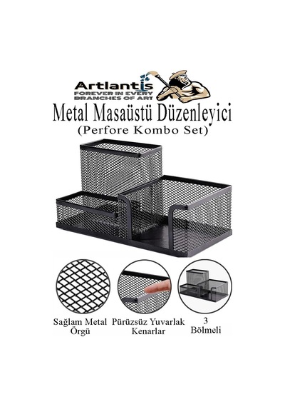 Masaüstü Metal Kalemlik Seti 3 Lü Kombo 1 Paket Fileli Perfore Siyah Kalemlik Ataşlık Kağıtlık Küpnotluk Düzenleyici Siyah