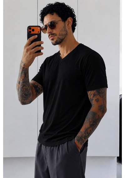 Tarz Cool Erkek Flamlı Pamuklu V Yaka Basic Slim Fit Tişört Yazlık Günlük Şık Tişört Siyah