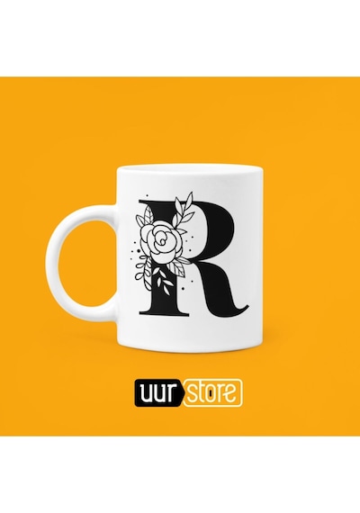 R Harfi Baskılı Porselen Kupa 330ml Beyaz