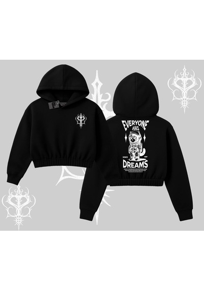 Startmore Everyone Has Dreams Yazılı Astronot Kedi Arka Baskılı Kapşonlu Crop Sweatshirt Siyah