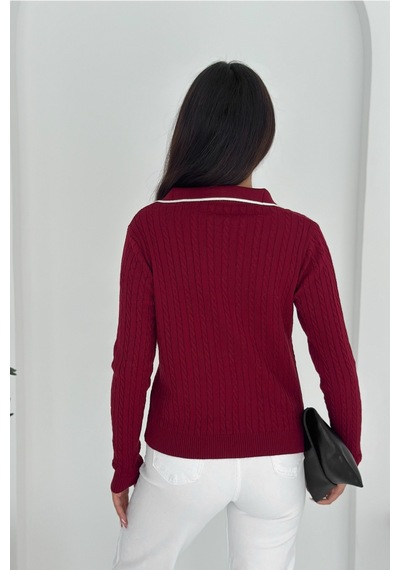 Femelle Kadın Bordo Polo Yaka Standart Beden Triko Bluz