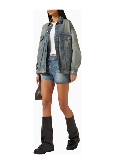 Good American Kaplamalı Oversize Denim Ceket, Modern Şık - Günlük Kadın Dış Giyim Mavi