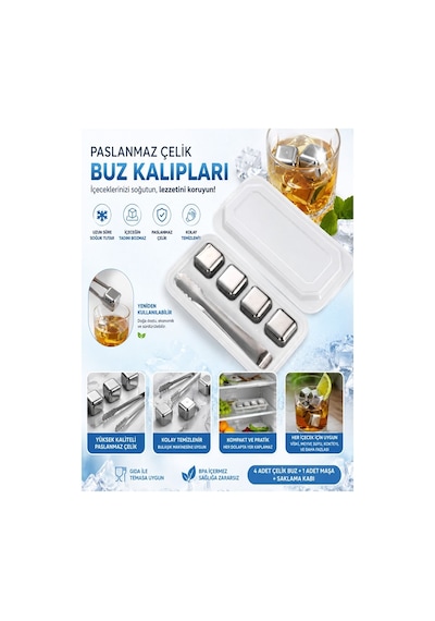 4 Adet Paslanmaz Çelik Buz Kalıbı Viski Soğutma Taşı Maşalı Yeniden Kullanılabilir Buz Viski Taşı Gümüş