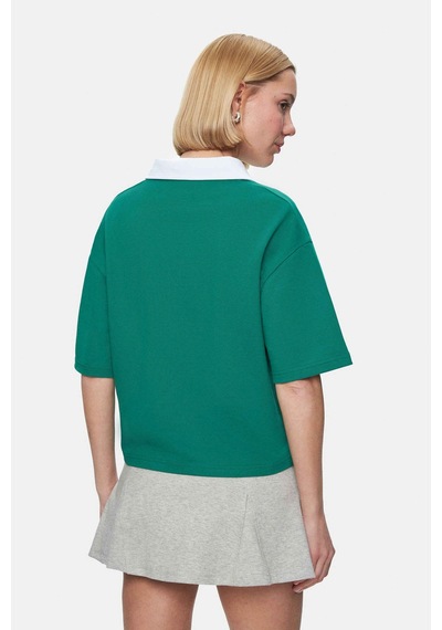 Polly Yeşil Polo Yaka Nakışlı Loose Fit Kadın Tshirt Yeşil