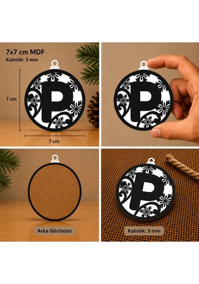 P Harf Yılbaşı Süsü Mdf Çam Ağacı Desenli Asılabilir Dekor 7x7 Cm
