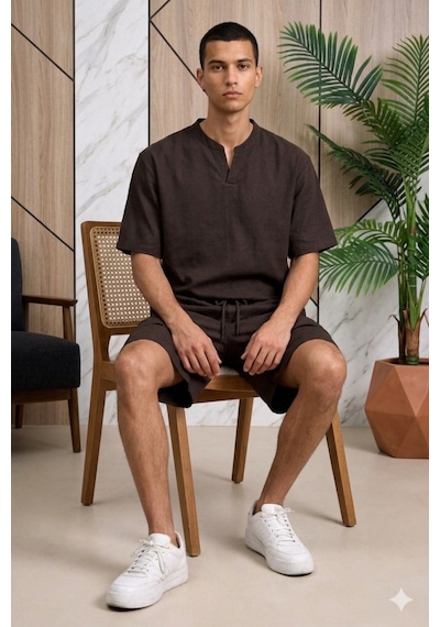 Tarz Cool Erkek Oversize Şort Takım V Yaka Yırtmaçlı Tişört Rahat Kesim Yazlık Takım Kahverengi Tarz Cool Erkek Oversize Şort Takım V Yaka Yırtmaçlı Tişört Rahat Kesim Yazlık Takım Kahverengi