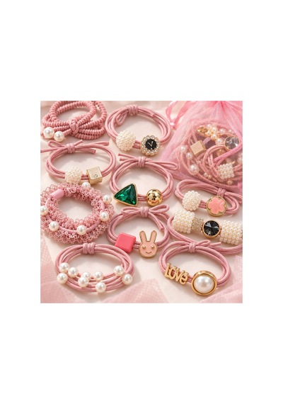 Tül Keseli Renkli Figürlü İncili Çoklu Saç Lastiği Seti - Pembe Pembe İnci - 607788233 Pembe İnci - 607788233 Pembe İnci