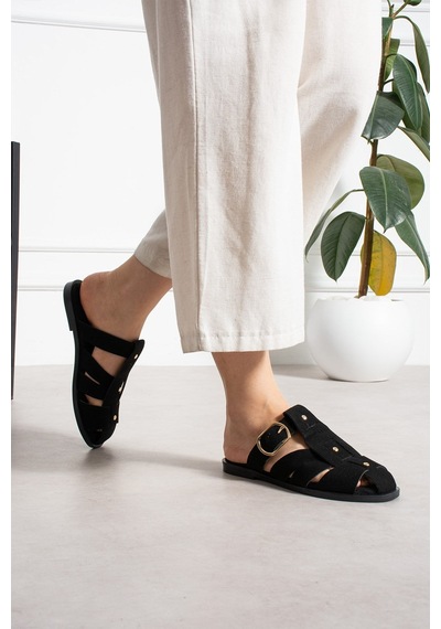 Shoetek Olwa Kadın Pimli Terlik Bantlı Tokalı Siyah Süet