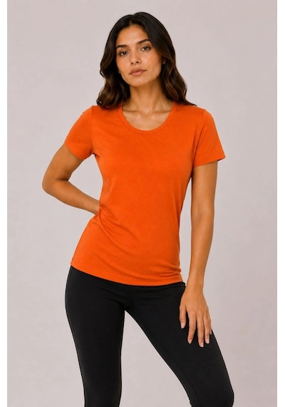 Alfanora Kadın Basic Bisiklet Yaka Yazlık Slim Fit T-shirt - Mor & Turuncu Çok Renkli