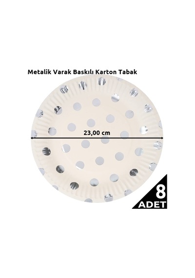 Varak Baskılı. Gümüş Puanlı Karton Tabak. 23 CM - 8 Adet