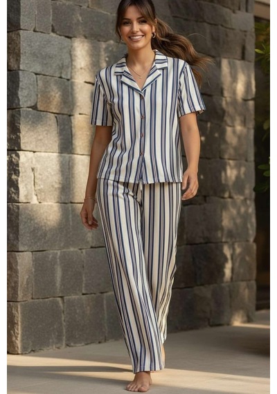 Relax Mode Kadın Mavi Çizgili Gömlek Pijama Takım - 26036r Beyaz