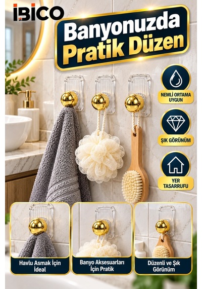İbico 3'lü Yapışkanlı Altın Askı Seti Vidasız Montaj Güçlü Yapışkanlı Duvar Banyo Mutfak Kapı Askısı Çok Renkli
