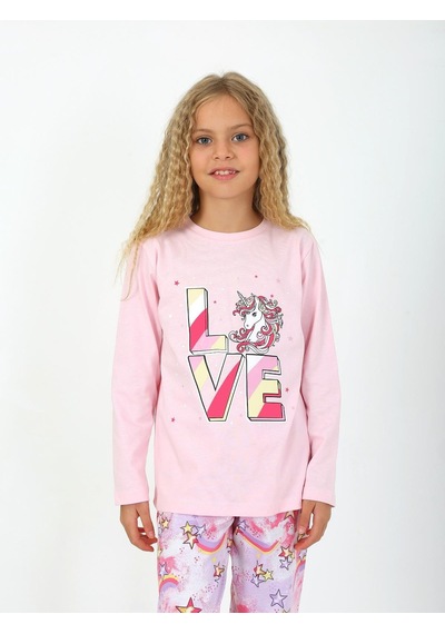 Kız Çocuk Uzun Kollu %100 Pamuklu Pijama Takımı Star Love Toz Pembe Toz Pembe