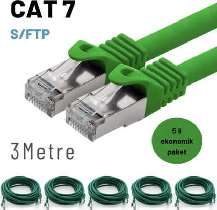 5 Adet 3 Metre Yeşil Cat7 Kablo S/ftp Ethernet Network Lan Ağ Kablosu
