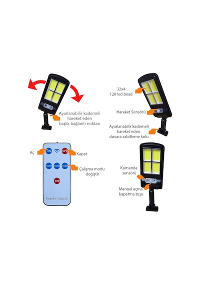 Upway Güneş Enerjili 128 Led Duvar Lambası - 1000 Lm Su Geçirmez Aydınlatma