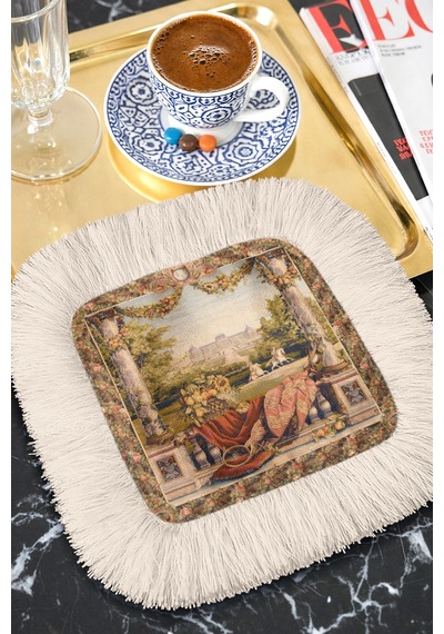 Avangart Kraliyet Bahçesi Saçaklı Sunum Peçetesi-klasik Vintage Saray Desenli Bardak Altlığı Mendil Çok Renkli