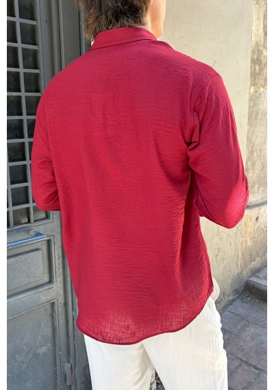 Erkek Oversize Kesim Keten Görünümlü Gömlek Bordo