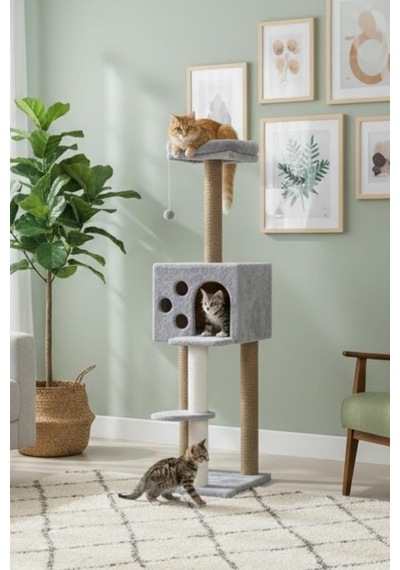 Pet Kedi Tırmalama Ve Oyun Evi Gri