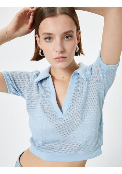 Koton Crop File Tişört Polo Yaka Kısa Kollu Mavi 4sak50489ek Mavi
