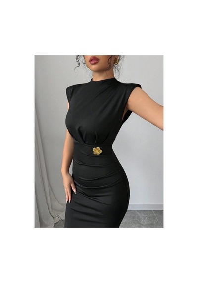 Butik İstanbul Kadın Yarı Balıkçı Yaka Kısa Kollu Çicek Aksesuar Detaylı Midi Dalgıç Elbise Siyah
