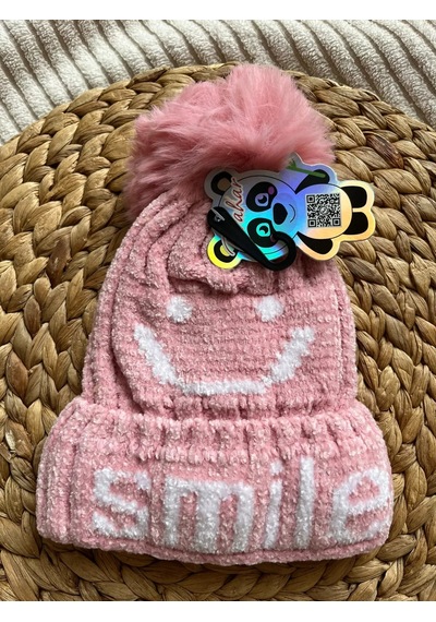 Prahar Kız Çocuk Smiley Desenli İçi Peluş Dokulu Ponponlu Kışlık Bere Beyaz