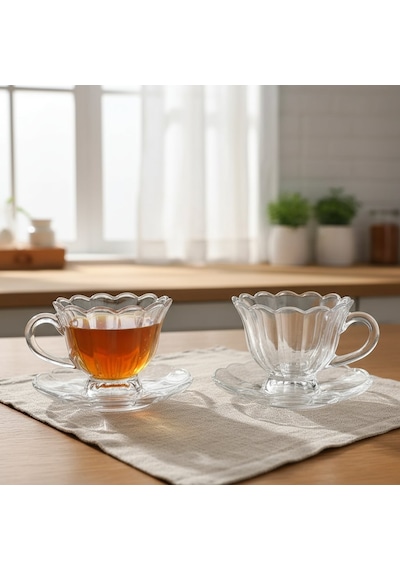 Olive Cam 6 Kişilik Tabaklı Büyük Çay Fincan Seti 6 X 210 Ml Şeffaf
