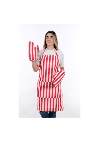 Sweet 3lü Set Ayarlanabilir Askılı Cepli Mutfak Önlüğü Seti 2 Eldiven Kırmızı Çizgili
