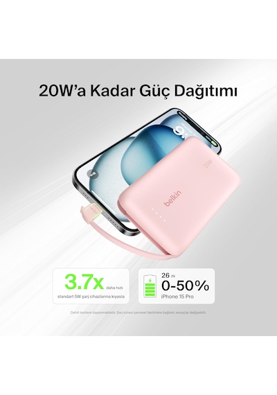 Belkin Boostcharge Powerbank, Type-c Kablolu 10k Pd 20w, Pembe