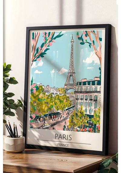 Fransa Paris Temalı Çerçeveli Tablo Travel Serisi Modern İllüstrasyon Şehir Duvar Dekoru Siyah