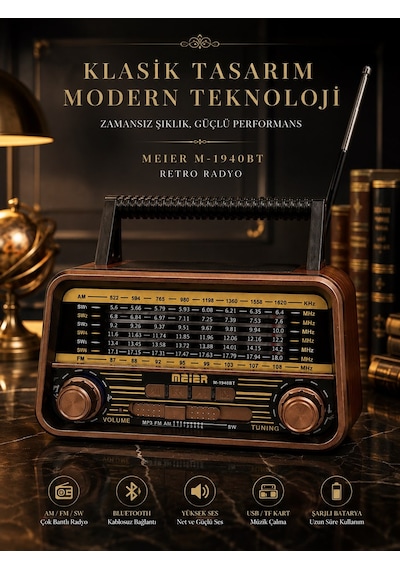 Retro Radyo Bluetoothlu Nostaljik Yüksek Ses Çıkışlı - Şarjlı Radyo Mp3 Müzik Çalar Meıer M-1940bt