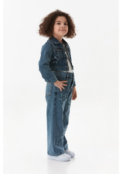 Fullamoda Yıldız Nakışlı Kız Çocuk Crop Kot Ceket 25mcck3664217547-mavi Mavi