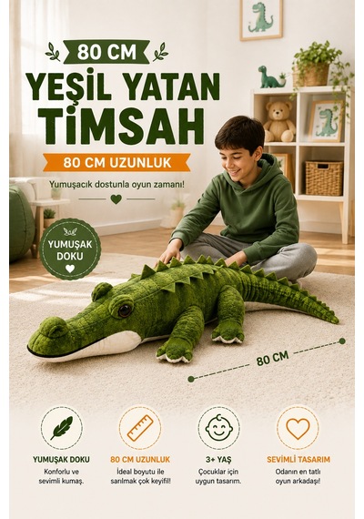 80 Cm Peluş Timsah Yumuşak Oyuncak Uyku Arkadaşı Sevimli Peluş Timsah Yeşil