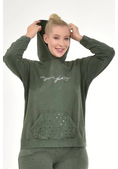Mia Butik Kadın Büyük Beden İtalyan Yıkama Haki Kapşonlu Sweatshirt Haki