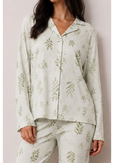 Kadın Düğmeli Kışlık Ev Çağla Yeşili Pijama Takımı
