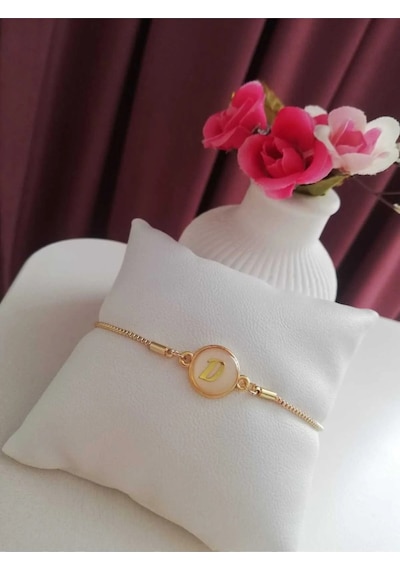 Altın Sedef Ayarlanabilir Kadın Gold Asansörlü E Harf Bileklik Renkli