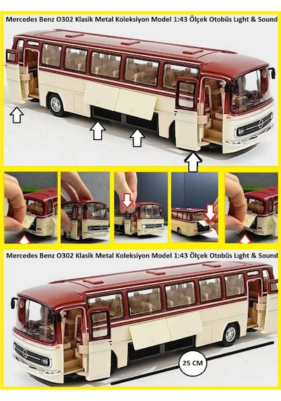 1:24 Ölçek 25 Cm Mercedes-benz O302 Sesli Işıklı Metal Model Otobüs Bordo