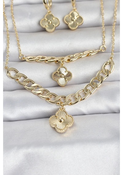 Mey İthalat Gold Renk Pirinç Kolye Bileklik Ve Küpe Seti Çok renkli